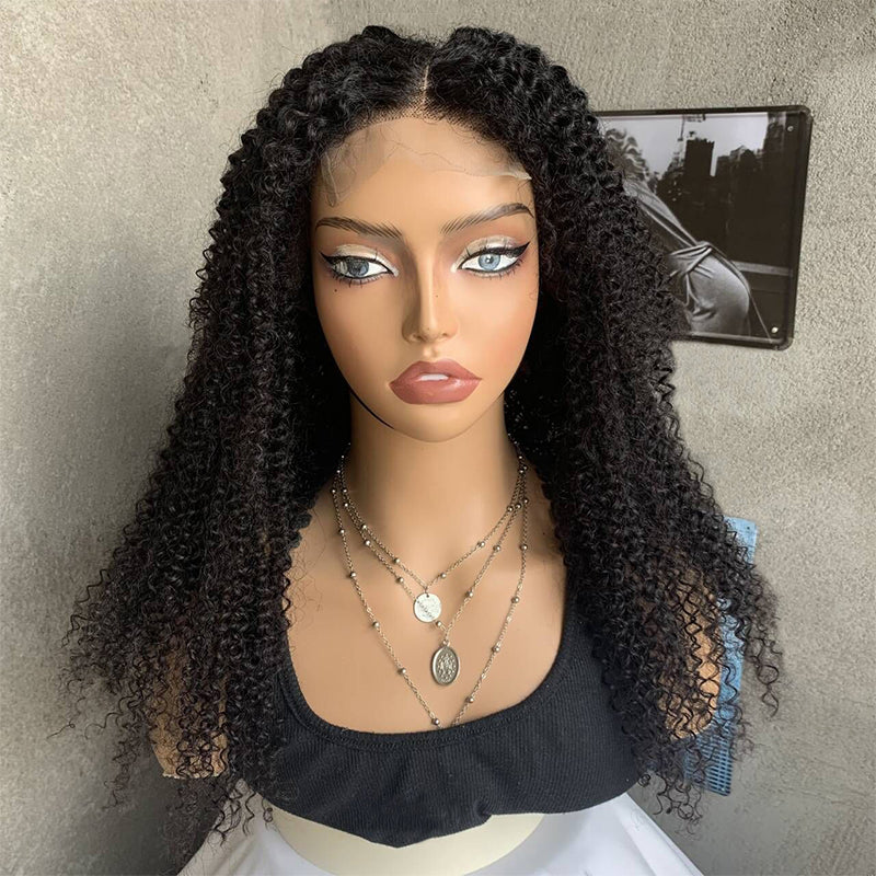 18" Natural Black Kinky Curly Lace Front Human Mixed Synthetic Hair Wigs