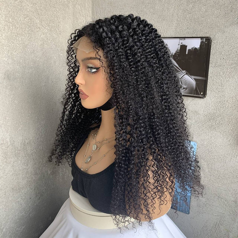 18" Natural Black Kinky Curly Lace Front Human Mixed Synthetic Hair Wigs