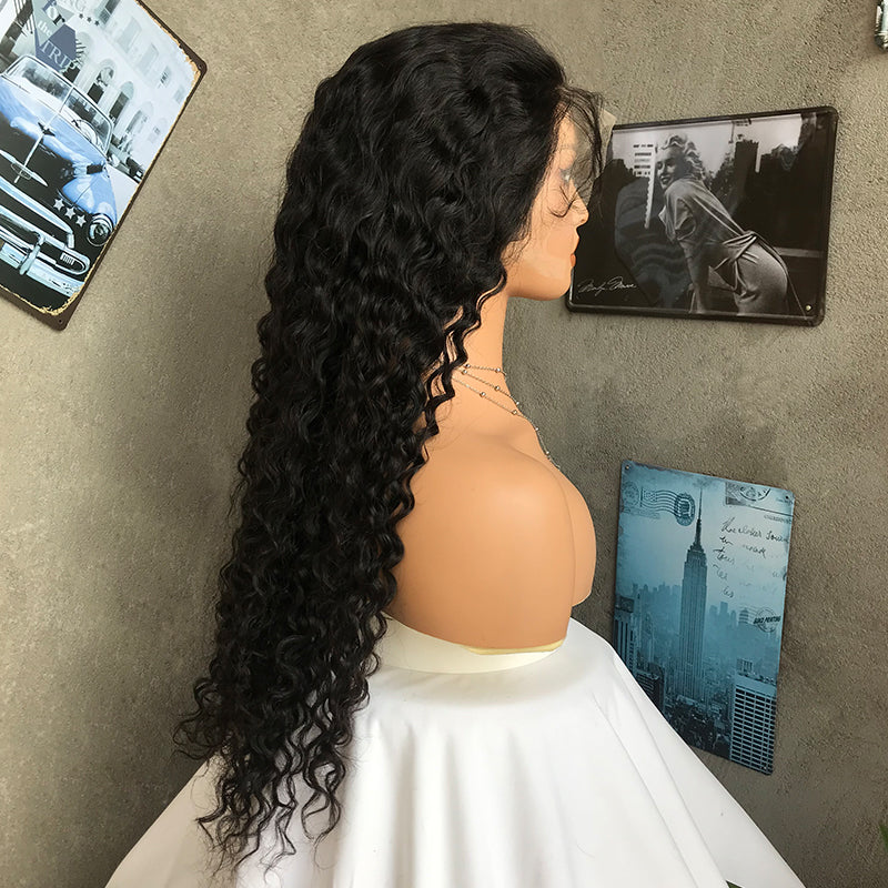 24" Natural Black Deep Wave Lace Front Human Hair Wigs