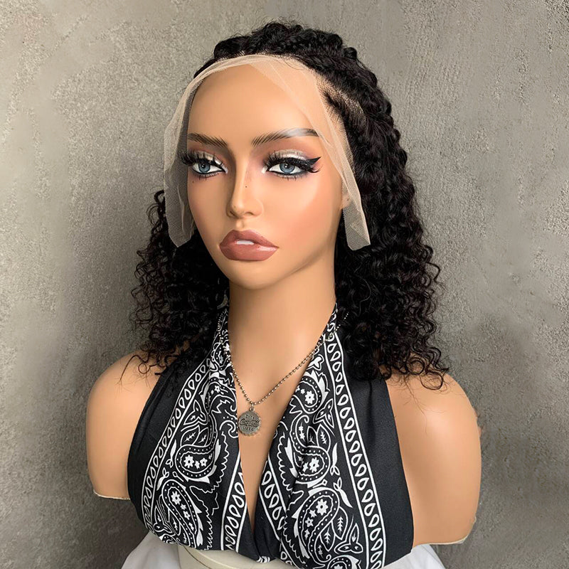 12" Natural Black Lace Front Human Hair Wigs with Fish bone braid