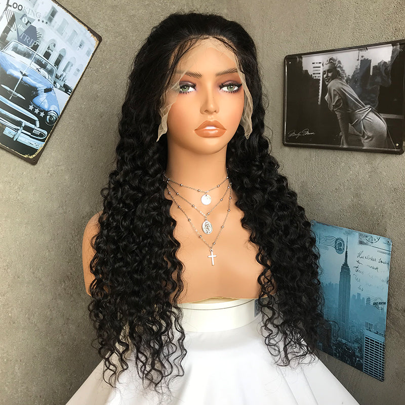 24" Natural Black Deep Wave Lace Front Human Hair Wigs