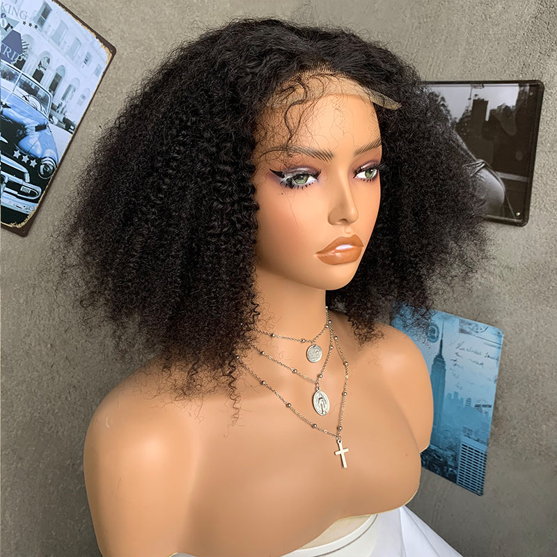 16" Natural Black Kinky Curly Lace Front Human Hair Wigs