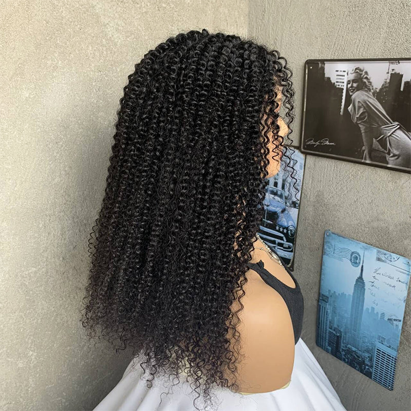 18" Natural Black Kinky Curly Lace Front Human Mixed Synthetic Hair Wigs