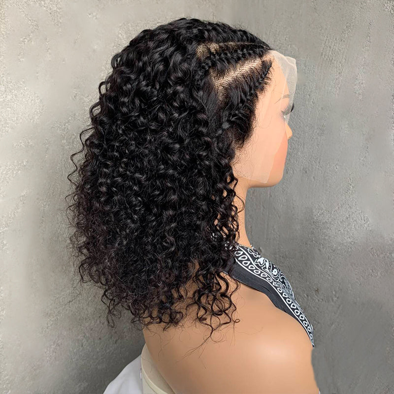 12" Natural Black Lace Front Human Hair Wigs with Fish bone braid