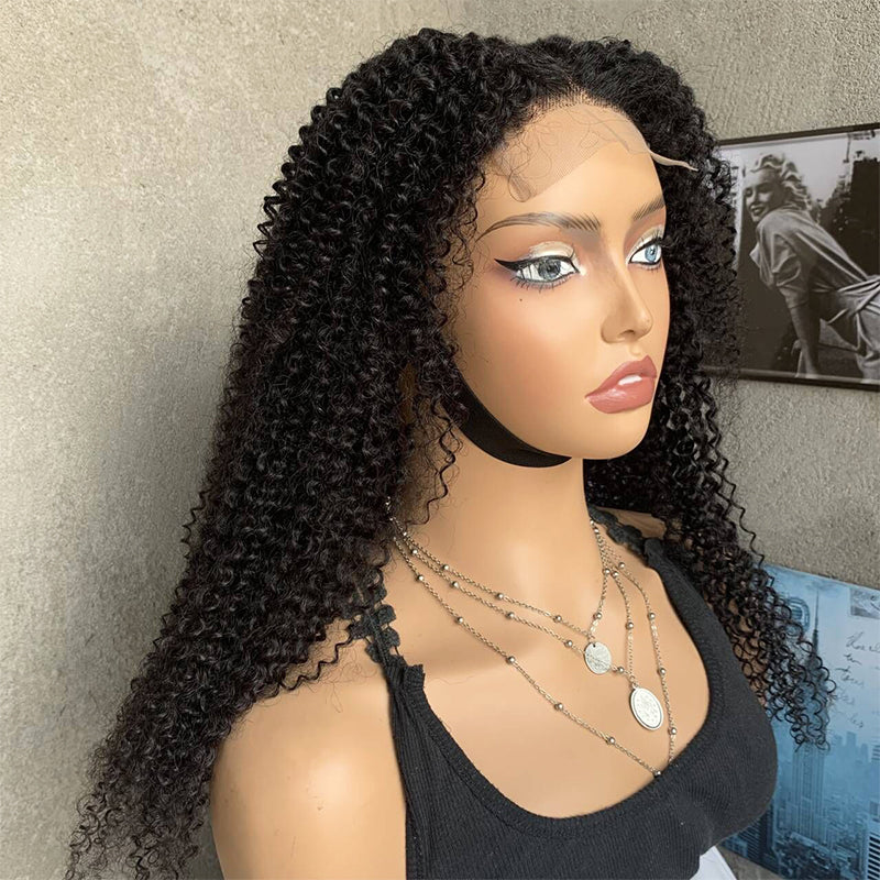 18" Natural Black Kinky Curly Lace Front Human Mixed Synthetic Hair Wigs