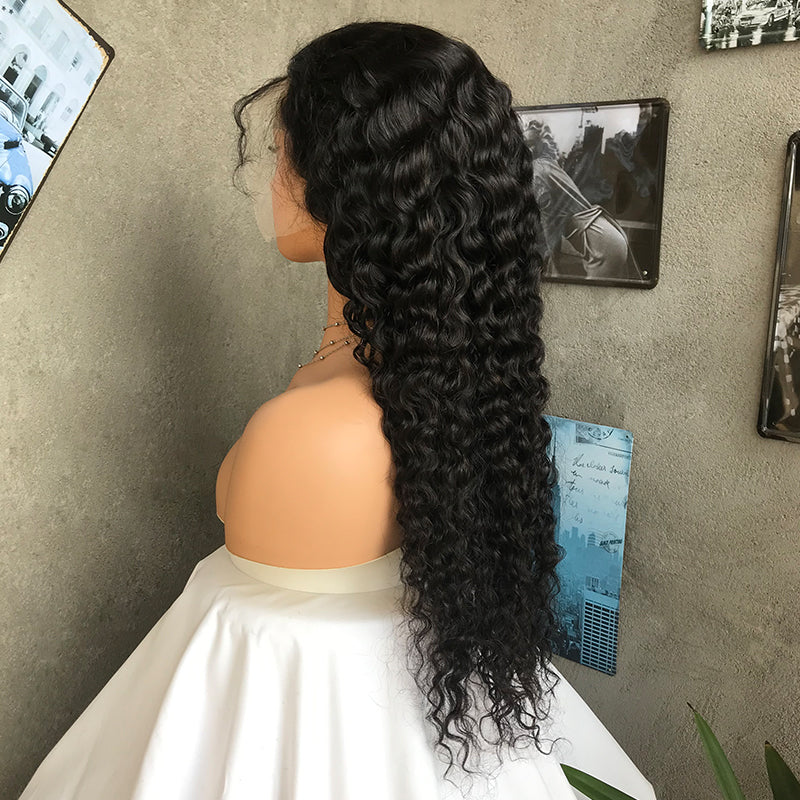 24" Natural Black Deep Wave Lace Front Human Hair Wigs