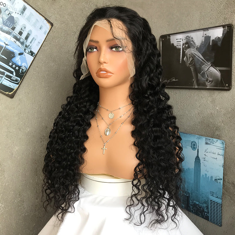 24" Natural Black Deep Wave Lace Front Human Hair Wigs