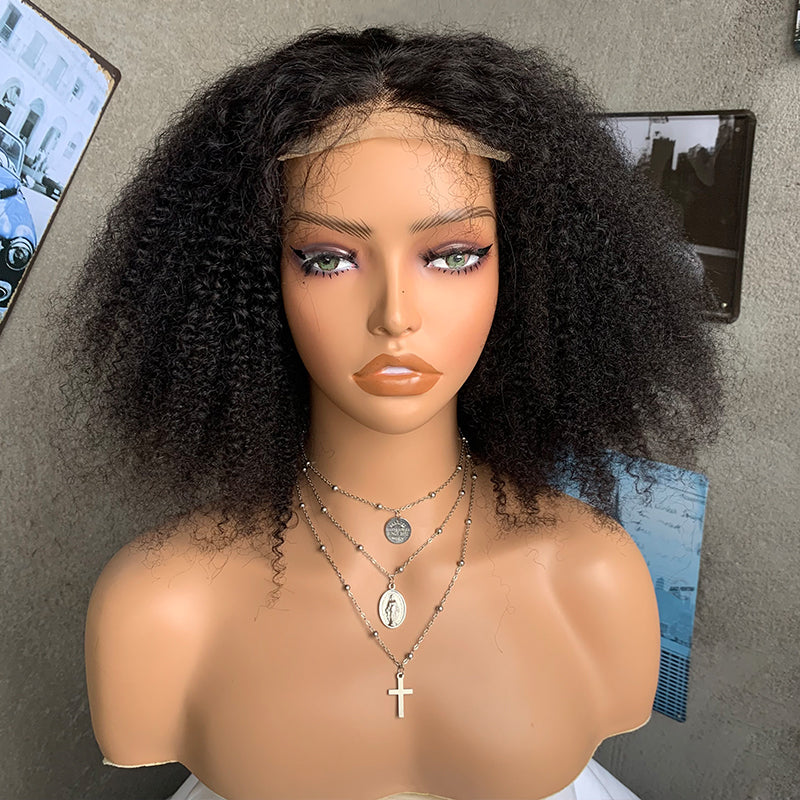 16" Natural Black Kinky Curly Lace Front Human Hair Wigs