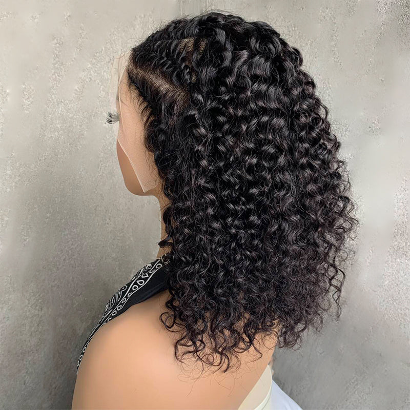 12" Natural Black Lace Front Human Hair Wigs with Fish bone braid