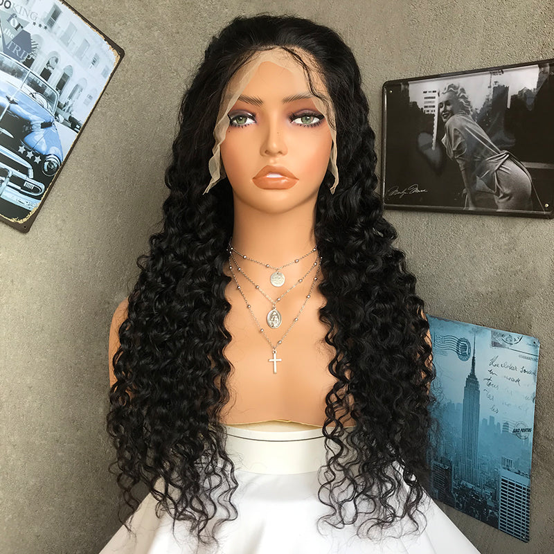 24" Natural Black Deep Wave Lace Front Human Hair Wigs