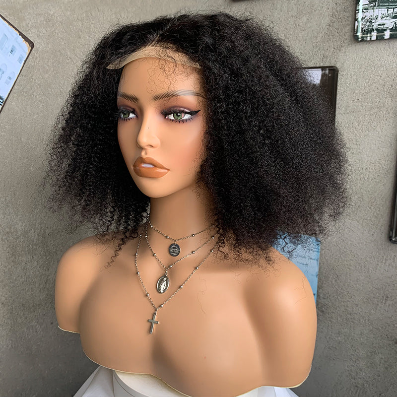 16" Natural Black Kinky Curly Lace Front Human Hair Wigs