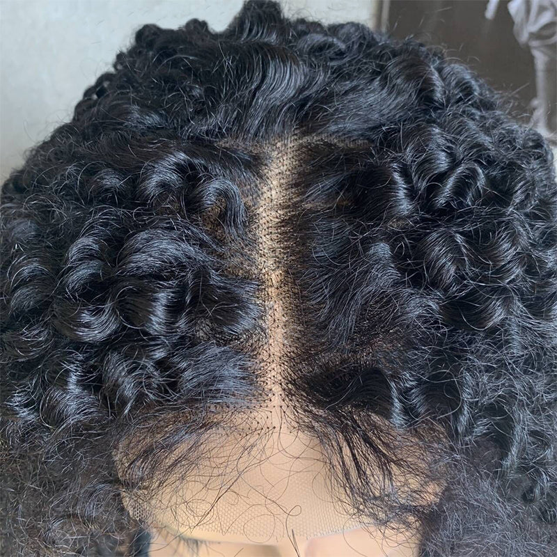 18" Natural Black Kinky Curly Lace Front Human Mixed Synthetic Hair Wigs