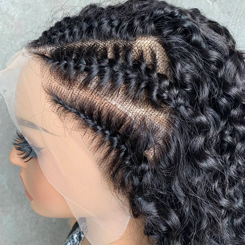 12" Natural Black Lace Front Human Hair Wigs with Fish bone braid