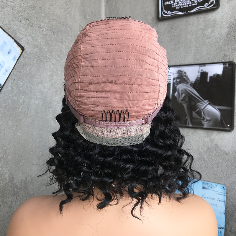 14" Natural Black Deep Wave Lace Front Human Hair Wigs