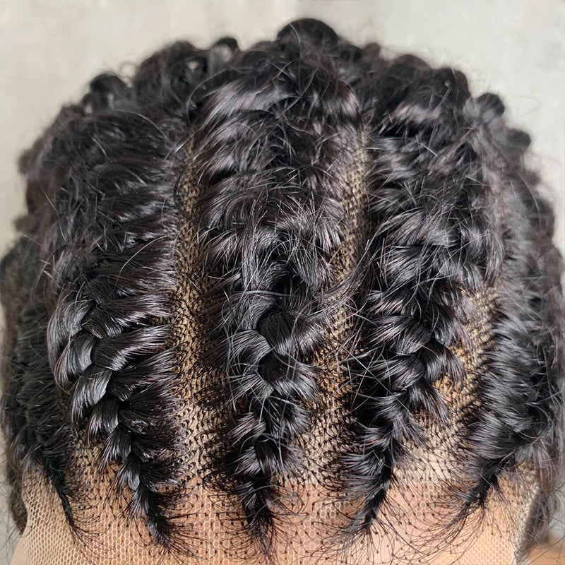12" Natural Black Lace Front Human Hair Wigs with Fish bone braid