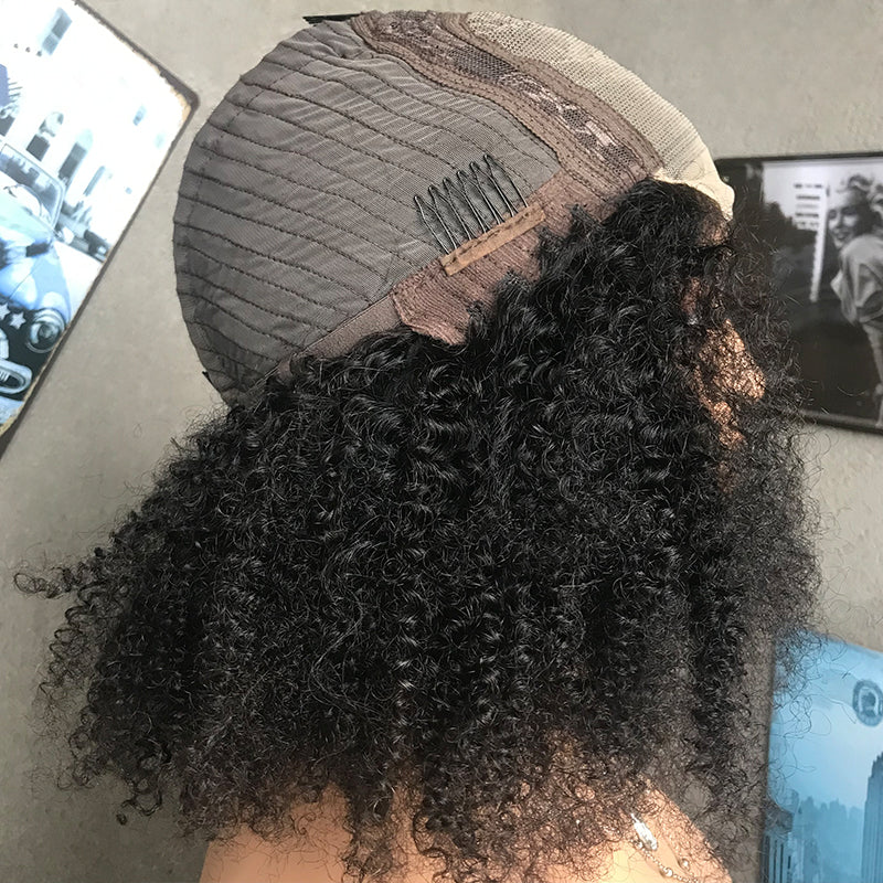 16" Natural Black Kinky Curly Lace Front Human Hair Wigs