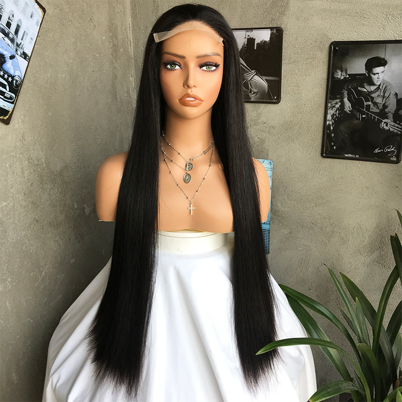 24" Natural Black Long Straight Lace Front Human Hair Wigs