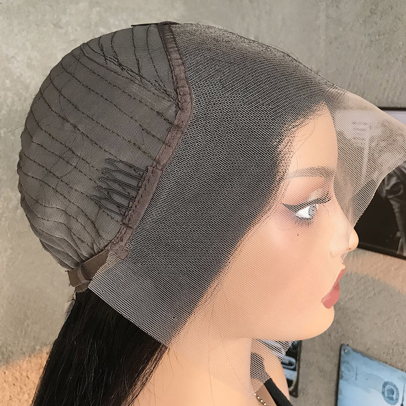 28" Natural Black Straight Human Hair Mixed Synthetic Wigs