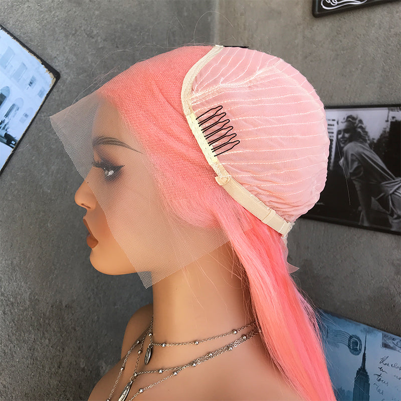 18" Pink Long Straight Lace Front Human Hair Wigs