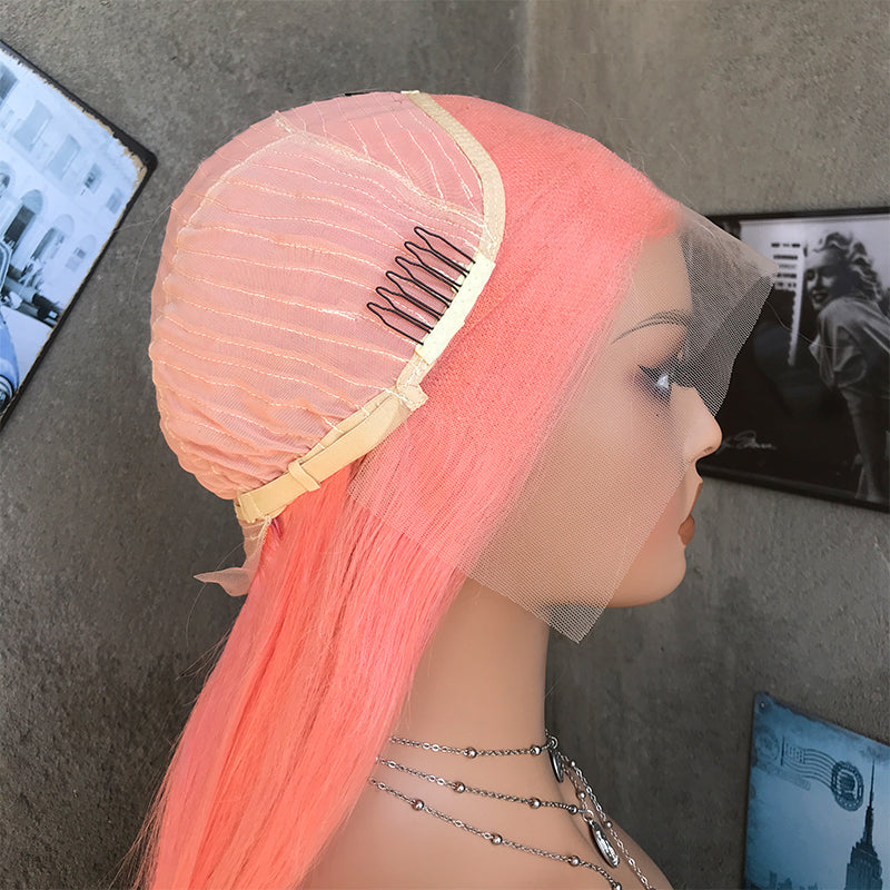 18" Pink Long Straight Lace Front Human Hair Wigs