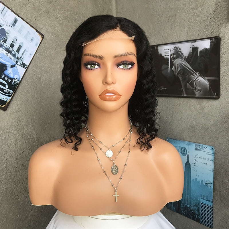 14" Natural Black  Deep Wave Lace Front Human Hair Wigs