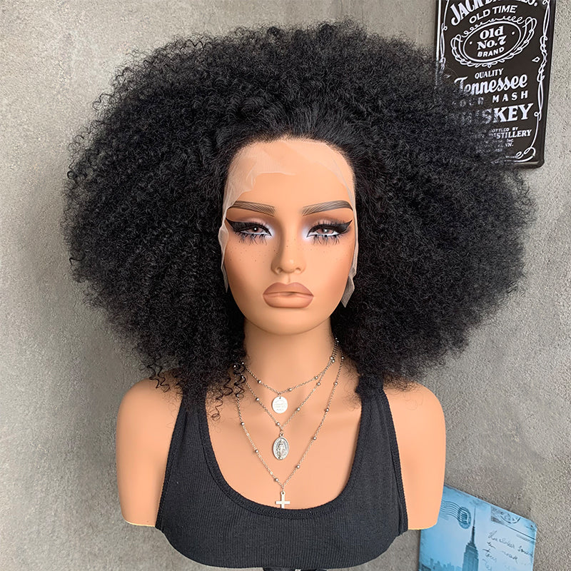 18" Natural Black 13x4 Lace Front Human Mixed Synthetic Hair Wigs with Kinky Curly