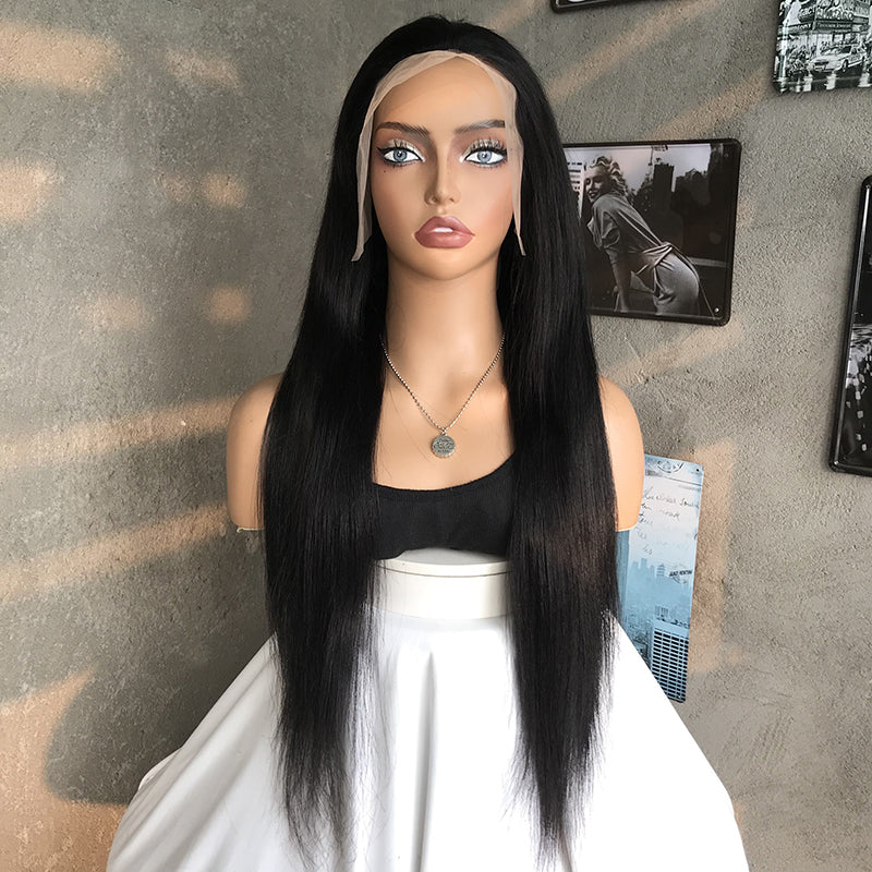 28" Natural Black Straight Human Hair Mixed Synthetic Wigs