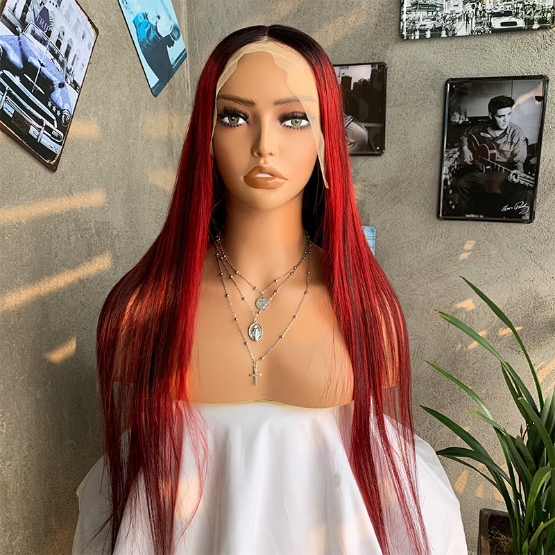 26" 1B&99J Long Straight Lace Front Human Hair Wigs