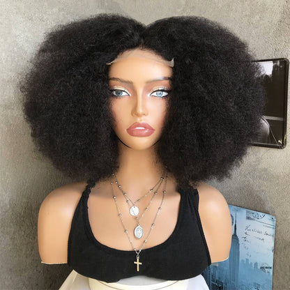 18" Natural Black Lace Front Human Mixed Synthetic Hair Wigs with Kinky Curly