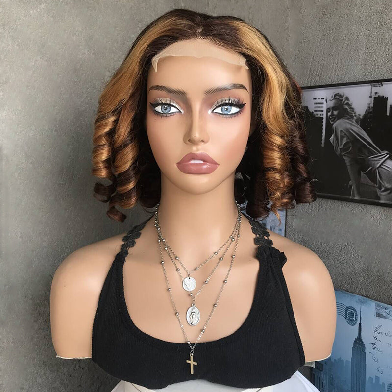 16" Brown Curled Lace Front Human Hair Wigs
