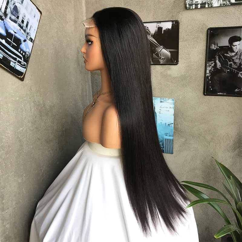 24" Natural Black Long Straight Lace Front Human Hair Wigs