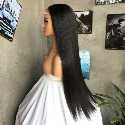 24" Natural Black Long Straight Lace Front Human Hair Wigs