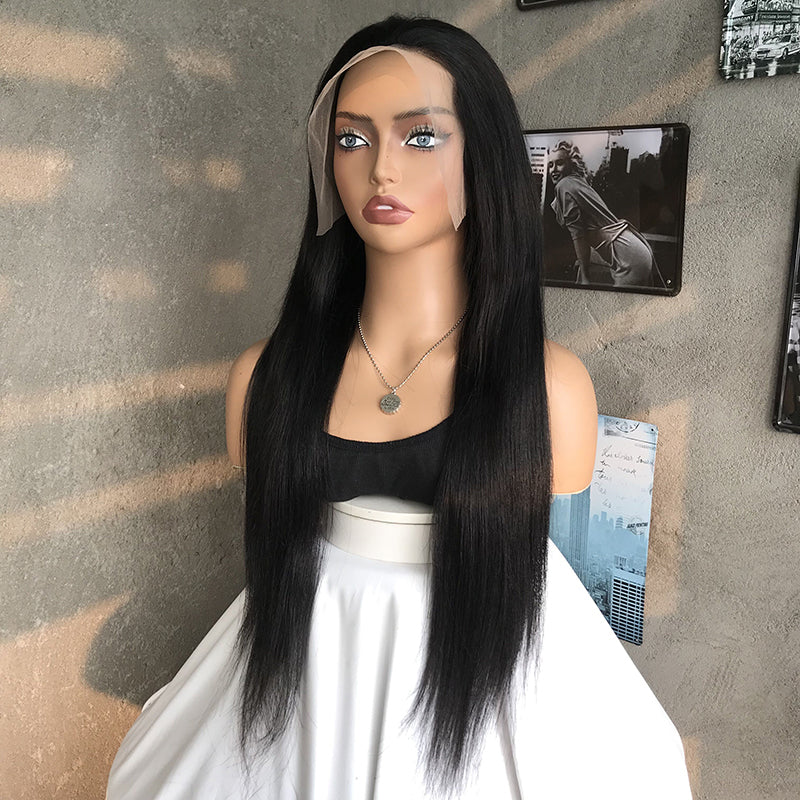 28" Natural Black Straight Human Hair Mixed Synthetic Wigs