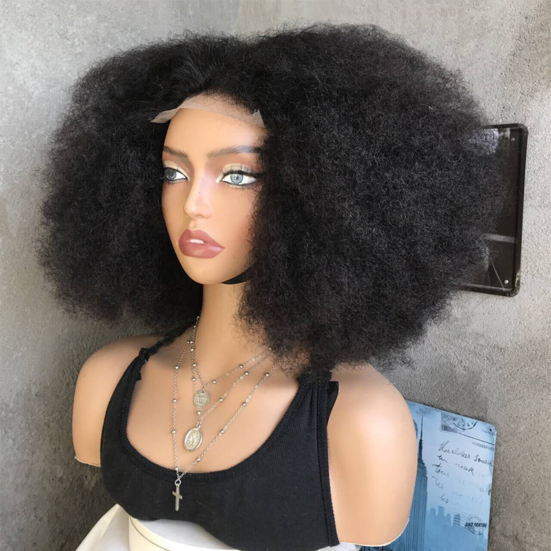18" Natural Black Lace Front Human Mixed Synthetic Hair Wigs with Kinky Curly