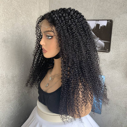 18" Natural Black  Kinky Curly Lace Front Human Mixed Synthetic Hair Wigs