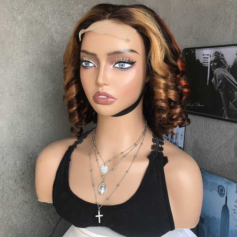 16" Brown Curled Lace Front Human Hair Wigs