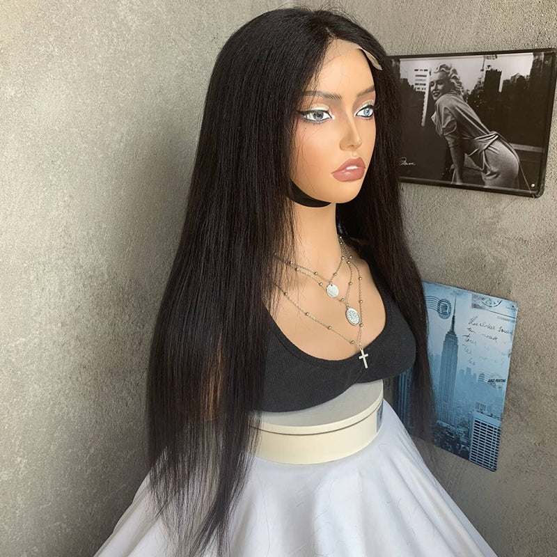 18" Natural Black Straight Lace Front Human Mixed Synthetic Hair Wigs