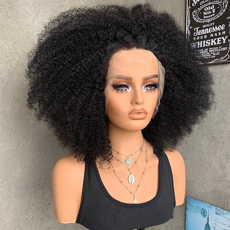 18" Natural Black 13x4 Lace Front Human Mixed Synthetic Hair Wigs with Kinky Curly
