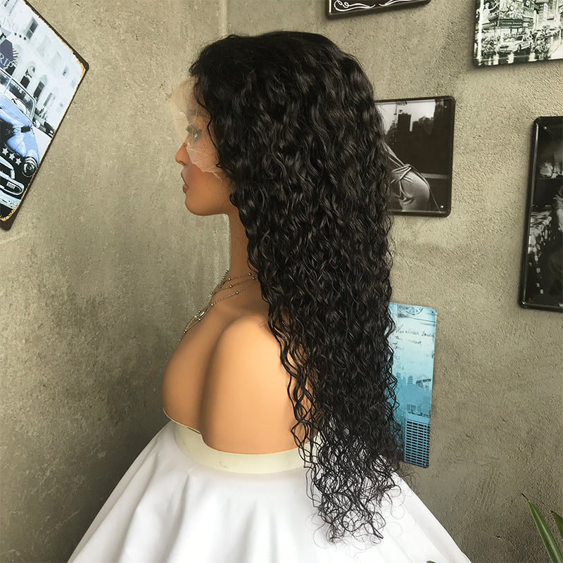 22" Natural Black Water Wave Lace Front Human Hair Wigs