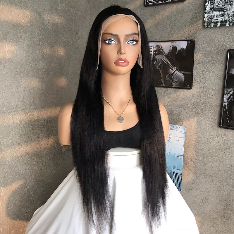 28" Natural Black Straight Human Hair Mixed Synthetic Wigs