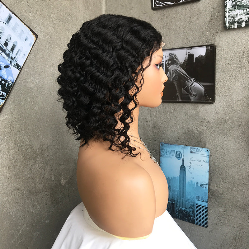 14" Natural Black  Deep Wave Lace Front Human Hair Wigs