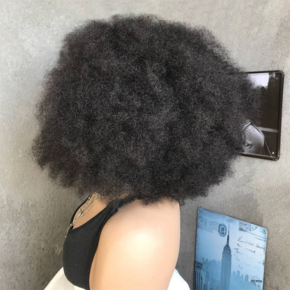 18" Natural Black Lace Front Human Mixed Synthetic Hair Wigs with Kinky Curly