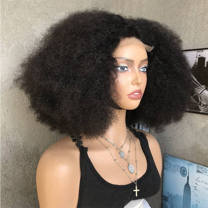 18" Natural Black Lace Front Human Mixed Synthetic Hair Wigs with Kinky Curly