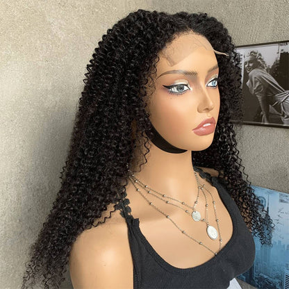 18" Natural Black  Kinky Curly Lace Front Human Mixed Synthetic Hair Wigs
