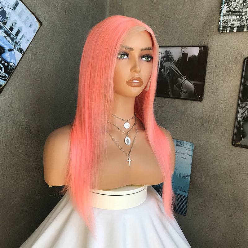 18" Pink Long Straight Lace Front Human Hair Wigs