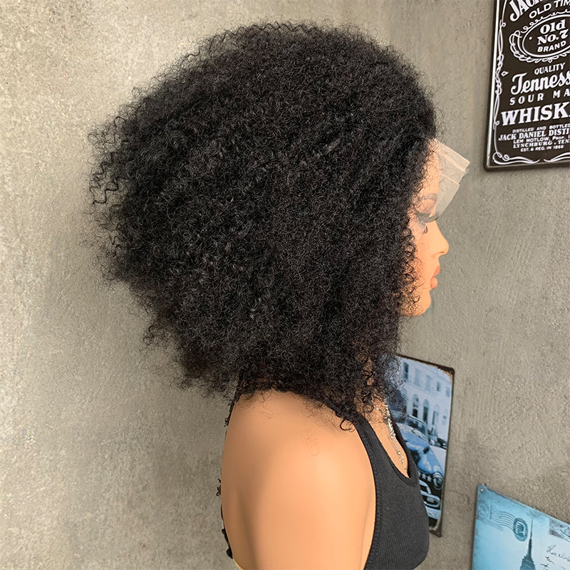 18" Natural Black 13x4 Lace Front Human Mixed Synthetic Hair Wigs with Kinky Curly