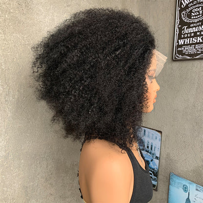 18" Natural Black 13x4 Lace Front Human Mixed Synthetic Hair Wigs with Kinky Curly