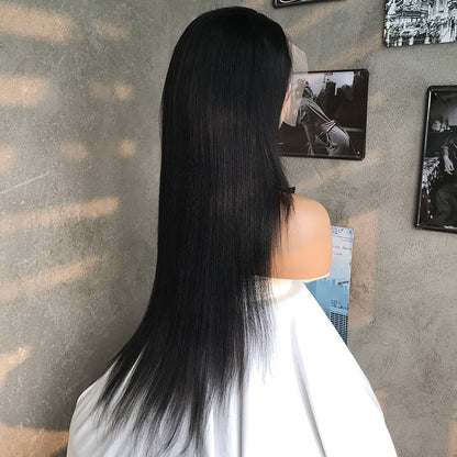 28" Natural Black Straight Human Hair Mixed Synthetic Wigs