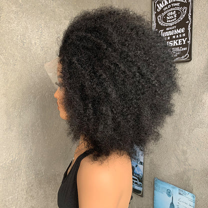 18" Natural Black 13x4 Lace Front Human Mixed Synthetic Hair Wigs with Kinky Curly