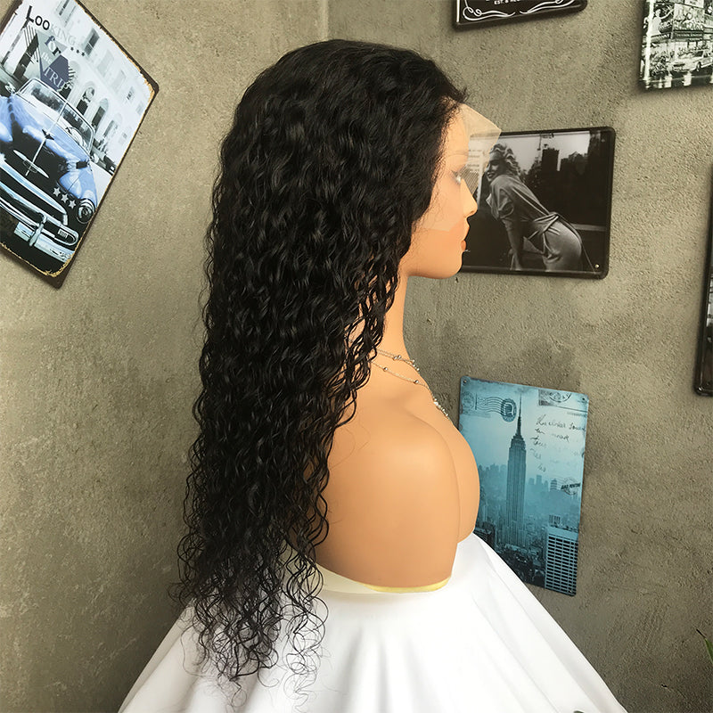 22" Natural Black Water Wave Lace Front Human Hair Wigs